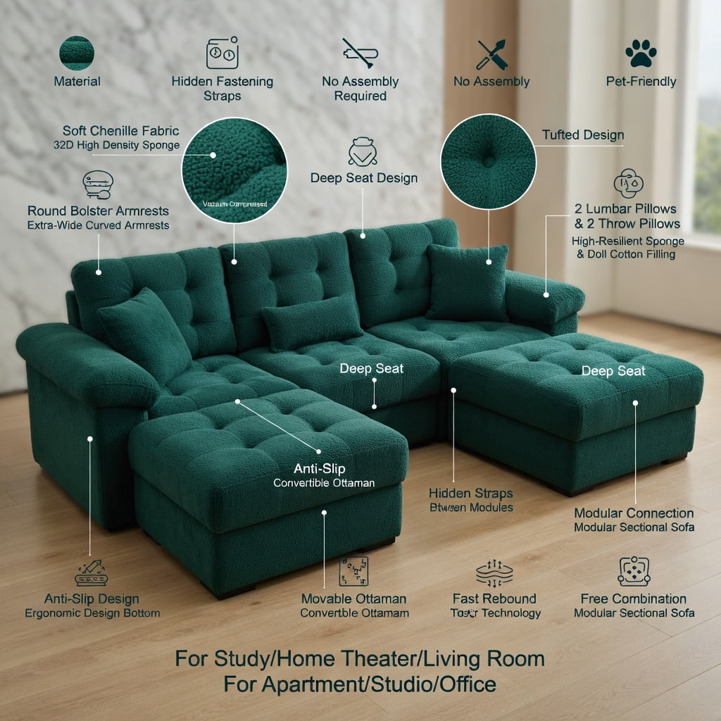 Hommoo Teddy Fleece 4-Seat Modular Sectional Sofa, Cloud-Like Double-Layer Cushion, Curved Backrest & Armrest, Movable Ottoman, Easy Assembly, Green