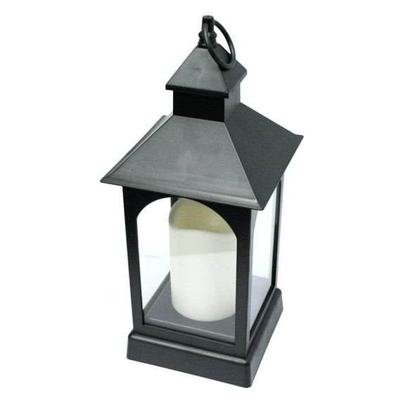 Gerson 42966 - 13.75" x 6" Black Plastic Lantern Wavy Edge Battery Operated LED Bisque Resin Candle Light with Timer