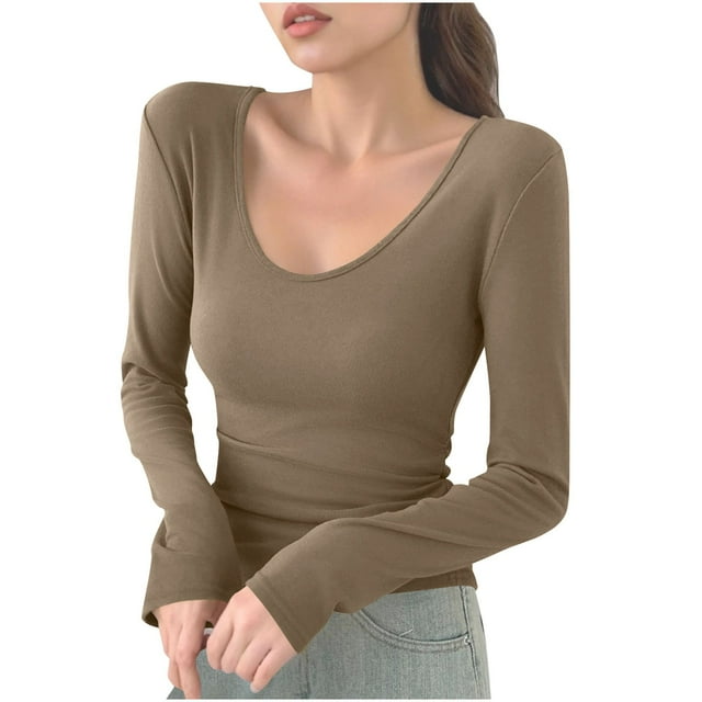 Dagugfen Womens T Shirts Long Sleeve U Neck Slim Fitted Lightweight Base Layer Top Fall Winter Solid Color