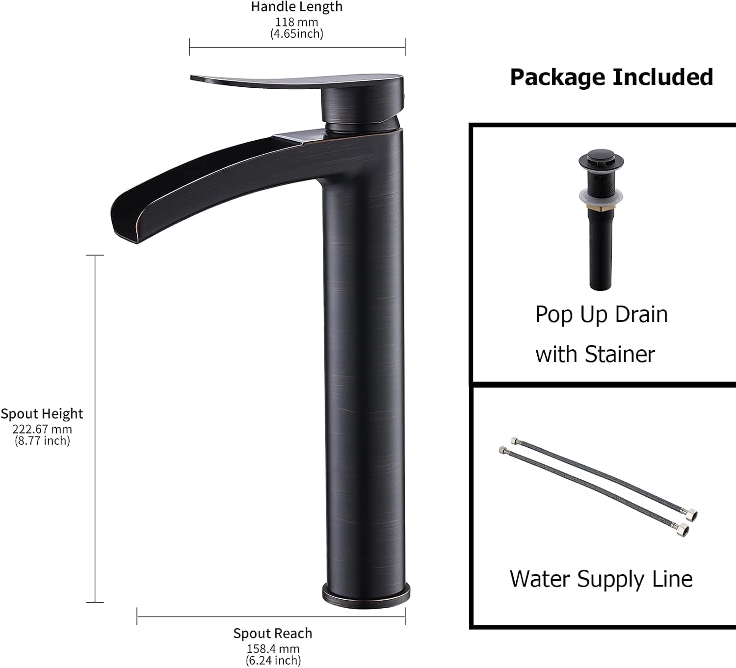 Tall Bathroom Vessel Sink Faucet, Single Hole Single Handle Waterfall Oil Rubbed Bronze Bathroom Faucet, with Metal Pop Up Drain and Water Supply Lines