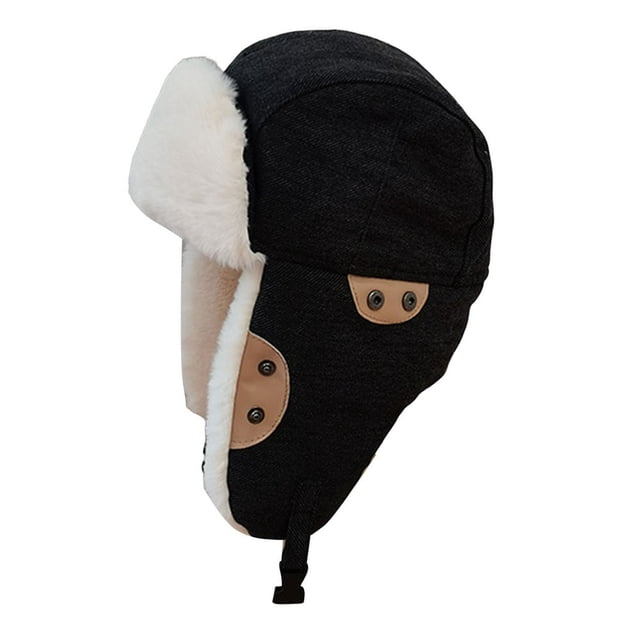 Bomber Hat Brimless Snap Button Plush Lining Solid Color Winter Cold Proof Thicken Earflap Cap for Outdoor Cycling Skiing Riding