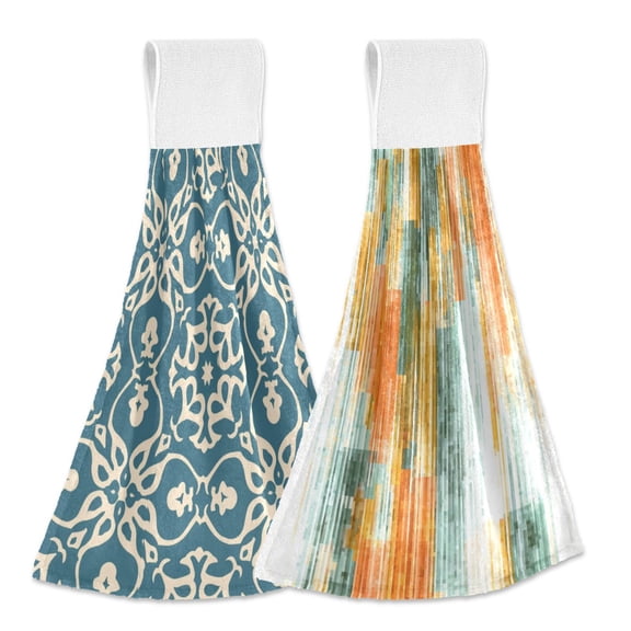 IAUYY Kitchen Hanging Towels Set of 2 100% Polyester Absorbent, Super Soft Hand Towels with Hanging Loops for Bathroom Kitchen Arabesque Scrollwork Abstract Orange