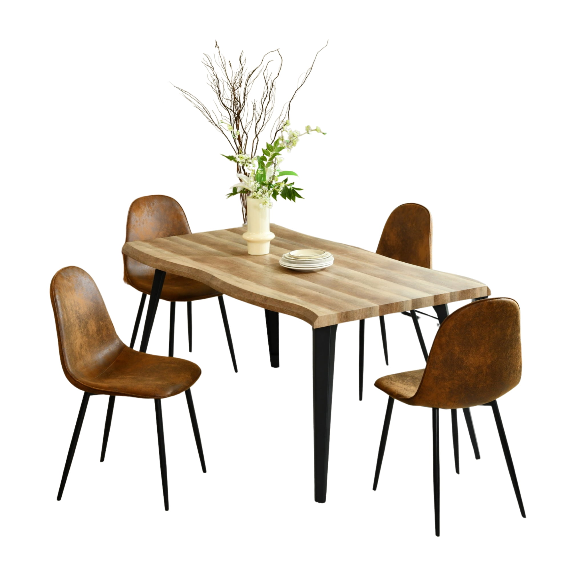 Homy Casa Modern Industrial 5-Piece Dining Set for 4, Faux Wooden Walnut Live Edge Table with 4 Armless Chairs, Brown Fuax Suede