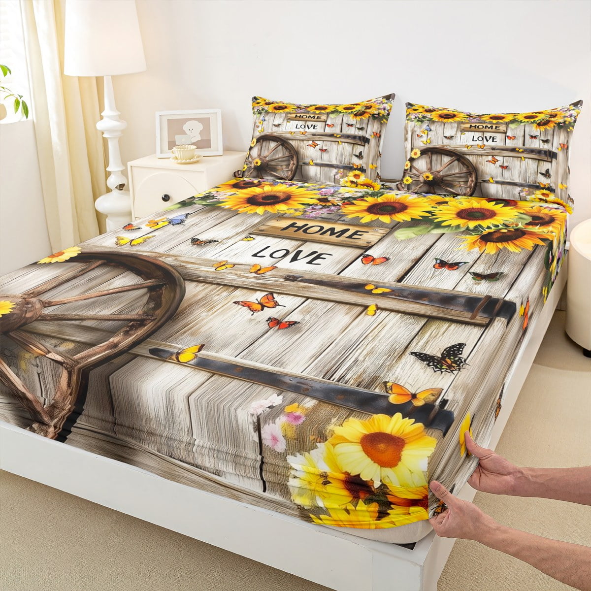 Homewish Vibrant Sunflower Floral Twin Sheet Sets for Kids, Rustic Wooden Plank Twin Fitted Sheet, Cartoon Butterfly Flat Sheet, Super Cozy Room Decor, 3 Pieces