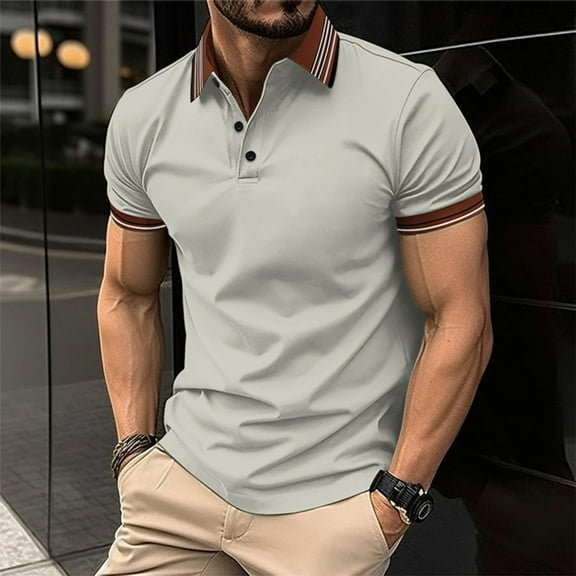 Ahabrexf Sweatshirts for Men Men's Fallow Button Turn-Down Collar Top Short-Sleeved Stripe Sports Top Shirt Mens Shirts Short Sleeve