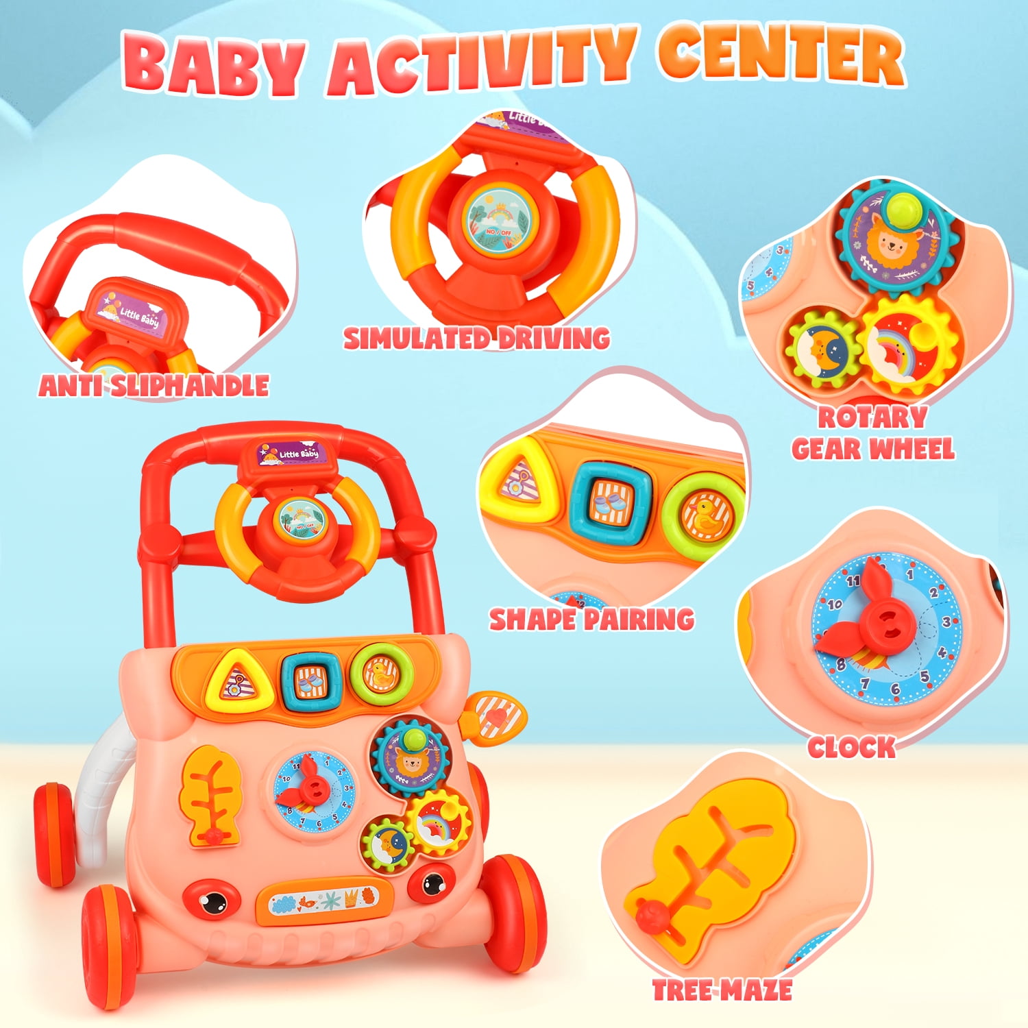 Huge Wave Baby Push Walker Toys, Sit to Stand Early Learning Walker with Activity Center, Baby Push Walker Toy Gift for 6-12 12-18 Months, Red