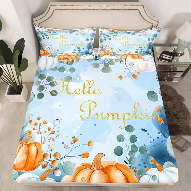 YST Ensemble de Literie Joyeux Action de Grâce pour Enfants Format Simple, Drap-Housse Citrouille de Récolte d'Automne pour Adulte Draps de Lit Rustiques Style Ferme Feuilles d'Eucalyptus Ensemble de Lit d'Automne avec 1 Taie d'Oreiller