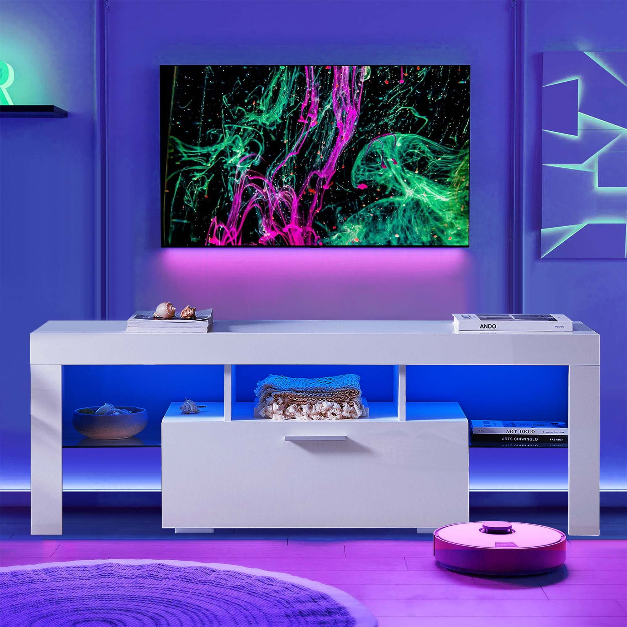 Aukfa LED  TV Stand for TVs up to 60", Storage TV Cabinet for Living Room - White