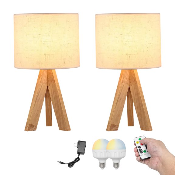 Kiven Cordless Table Lamp, Dimmable Desk Lamp with Flaxen Fabric Lampshade, Farmhouse Rechargeable Nightstand Lamp with Wood Base for Reading Home Decor Office Shelf, Set of 2