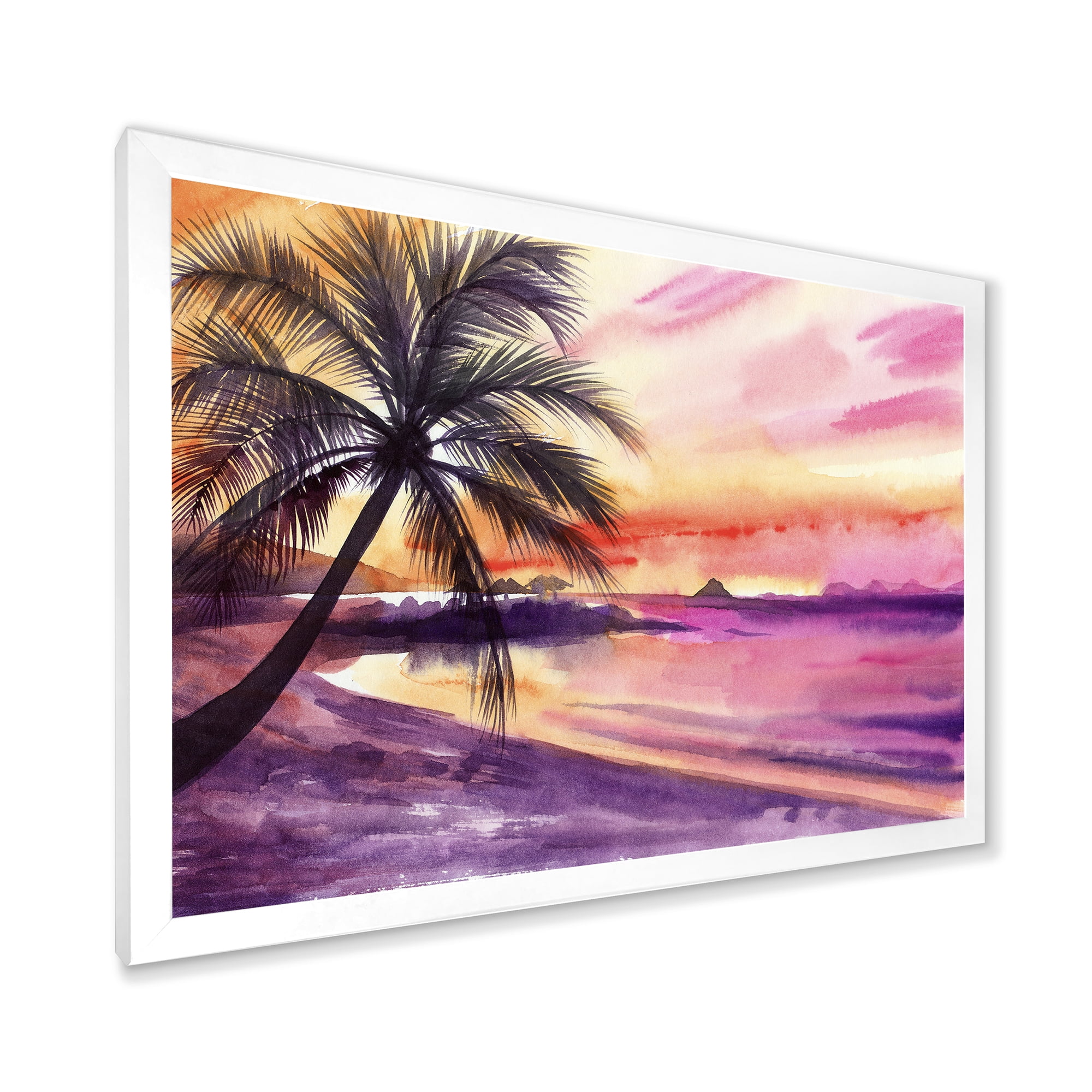 Designart 'Purple and Pink Palm Beach Sunset' Nautical & Coastal Framed Art Print