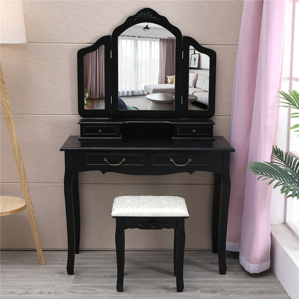 Ktaxon Trifold Mirrors Makeup Vanity, Black Vanity Desk With Lights