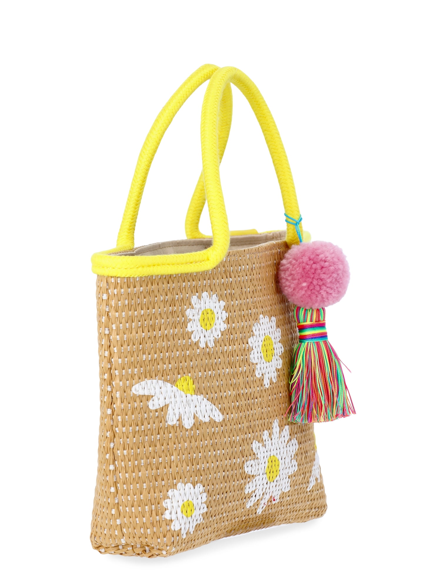 Wonder Nation Girls Daisies Straw Mini Tote Bag with Pom Handbag Charm, Yellow
