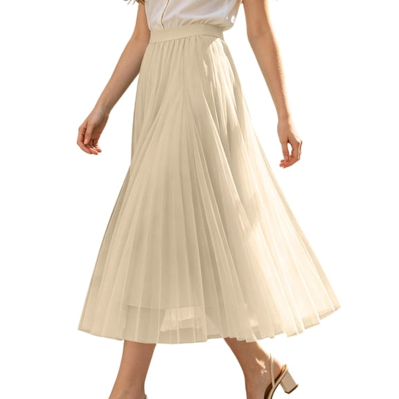 Womens Casual Mesh Midi Skirt Pleated A Line Long Skirt with Elastic High Waist Layered Tulle Flared Hem for Daily Wear