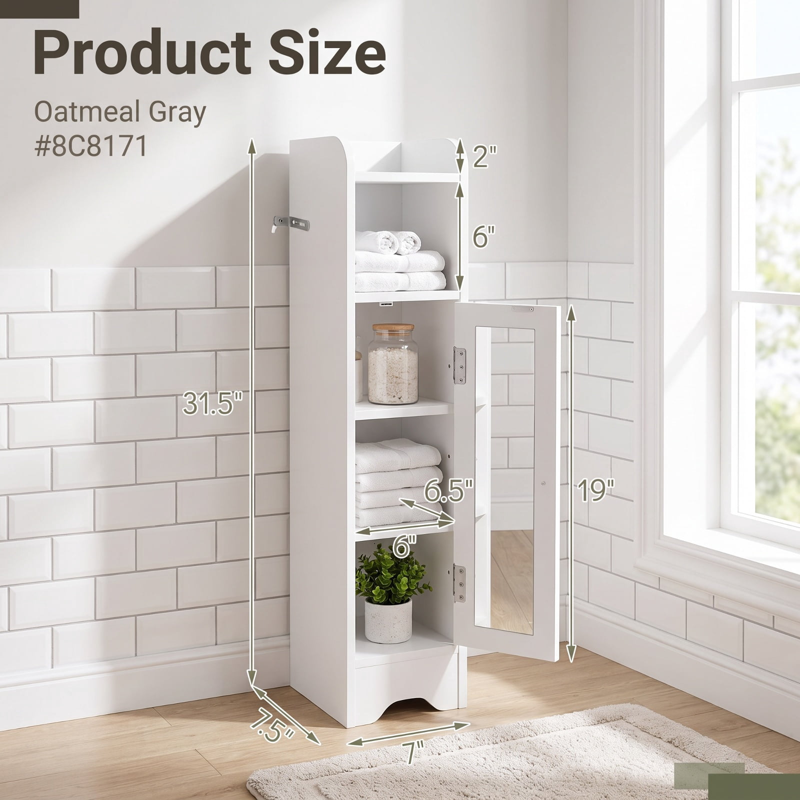 Vebreda Slim Freestanding Corner Bathroom Storage Cabinet with 1 Door & Adjustable Shelves, 5-Tier Narrow Floor Organizer with Anti-Tip Kit for Small Bathroom, White