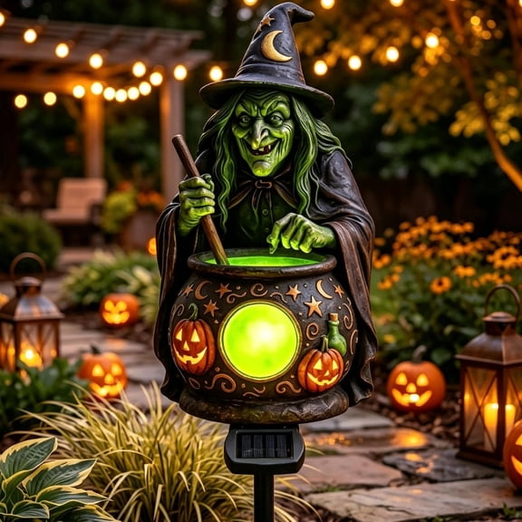 Halloween Witch Cauldron Solar Garden Light, Halloween Outdoor Stake Decor with Glowing Potion, Spooky Pumpkin Yard Light for Lawn Pathway Patio, Fall Party Decorations
