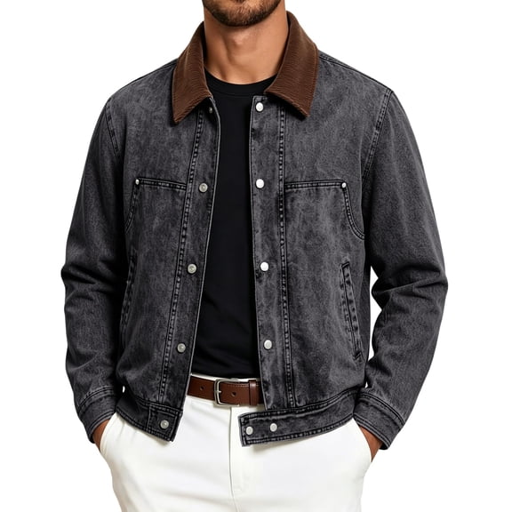 Rexolia Mens Vintage Washed Denim Jacket Corduroy Collar Long Sleeve Snap Button Jean Coat Retro Streetwear for Fall Winter Outdoor Black L