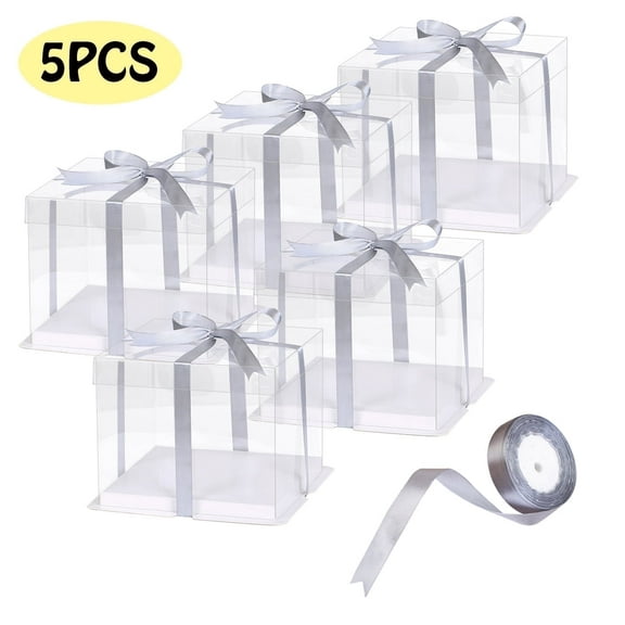 Cake Boxes Tall Cake Carrier Containers with Lid & Ribbon Bakery Boxes Cake Supplies Gift for Birthday Wedding Christmas Party 8"×8"×7" 5 Pcs Clear