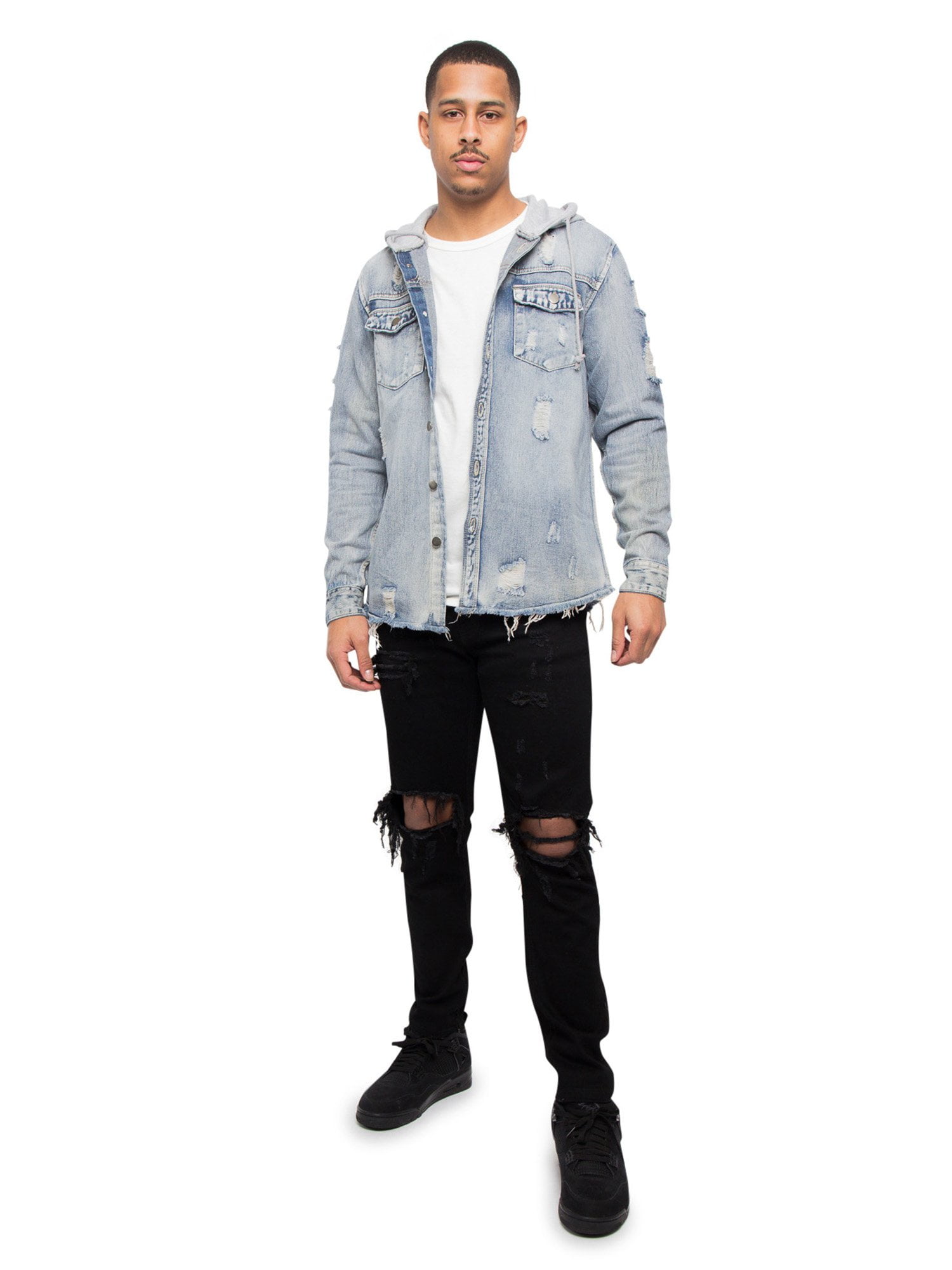 【返品?交換対象商品】 Victorious Men's Shirt Denim Up Button Sleeve Long Hooded トップス