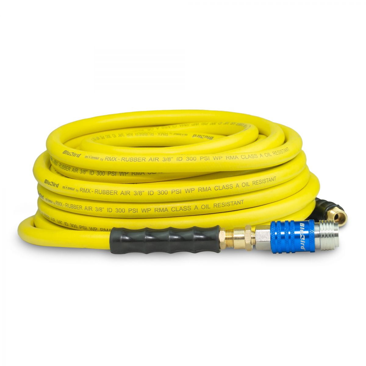 OilShield 3/8" x 50' Rubber Air Hose with BluBird 5-in-1 Safety Coupler – 300 PSI, Class A Oil Resistant, Solid Brass Fittings, -30°F to 180°F Flexibility, Kink & Abrasion Resistant – 3 Yr Warranty
