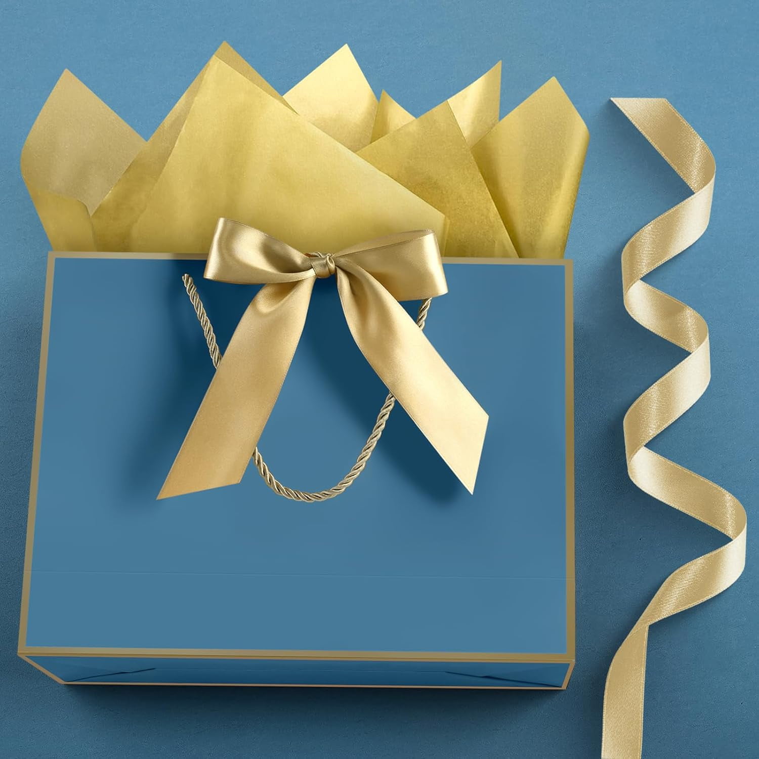 Handle gift bag, 13-inch medium gift bag, for gifts, 1 piece with 2 pieces of tissue paper and 1 greeting card, suitable for baby party, wedding, bride party, Mother's Day, birthday party (gold blue)