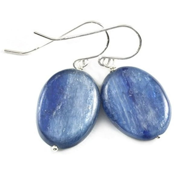 Sterling Silver Kyanite Earrings Deep Blue Smooth Oval Drops Simple Everyday Dangles Designed for Adult Women and s