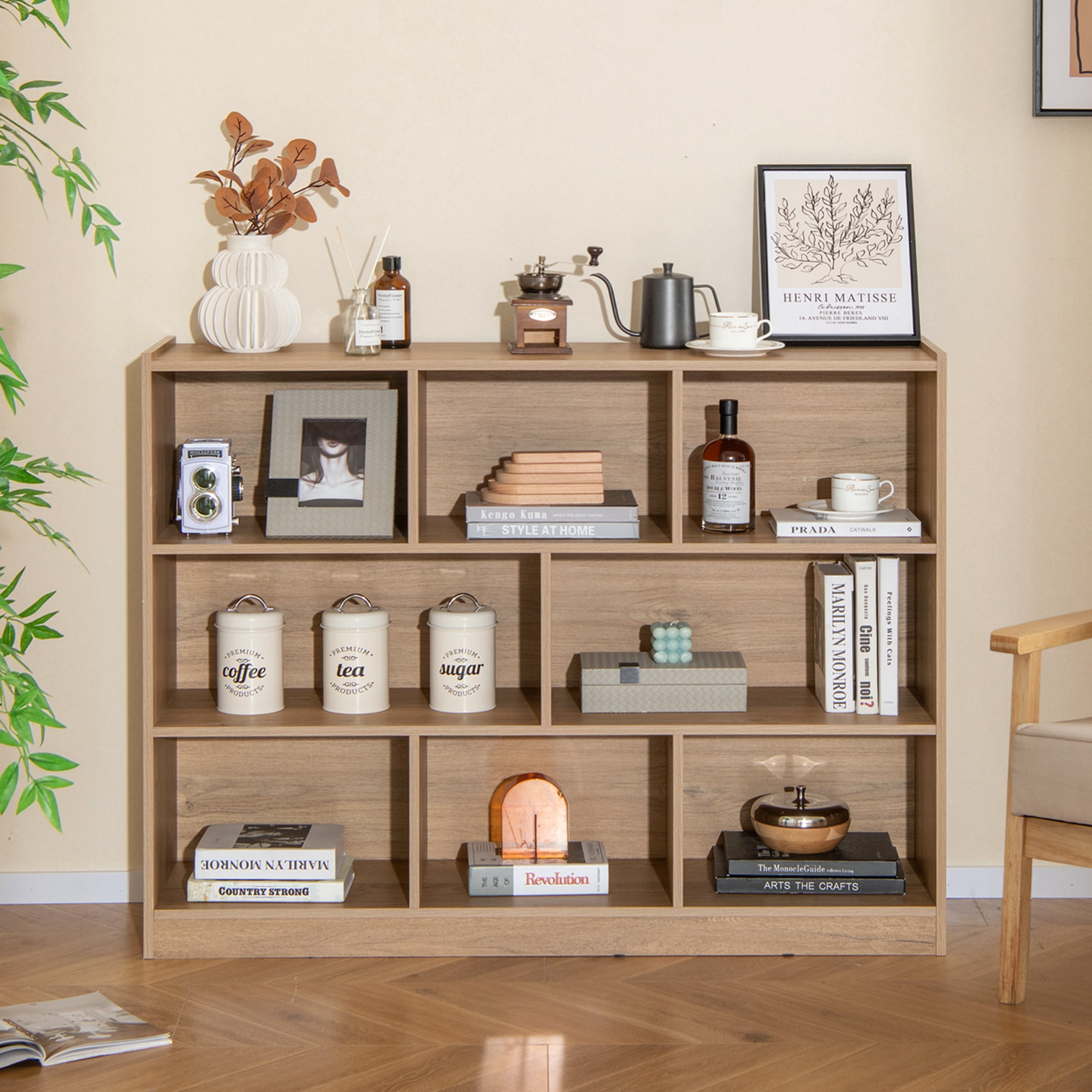Costway 8 Cube 3-Tier Open Wooden Bookshelf Toy Storage Organizer with Anti-toppling Kits Natural