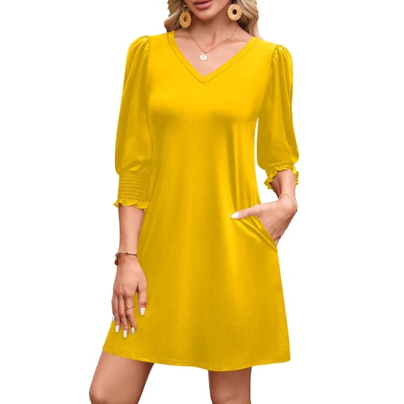 TaTaai Women's Solid Color V-Neck Three Quarter Sleeve Dress Casual Fashion Elastic Cuffs Soft Comfortable Polyester Fabric Versatile Midi Dress for Spring Summer Daily Dating Party Work Gift