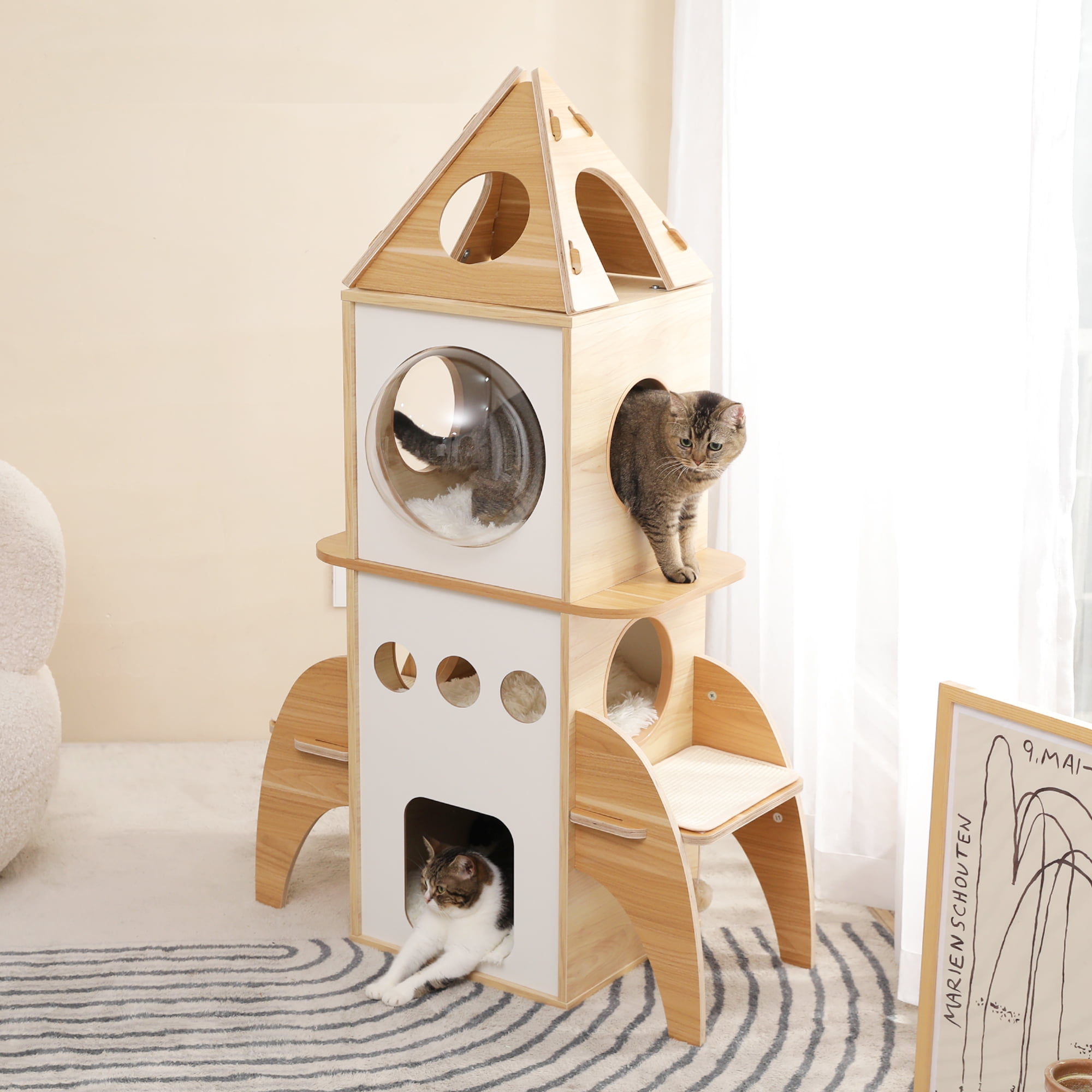 Pefilos 54" Modern Cat Tree Tower Rocket Shape, Multilevel Cat Condo for Large Cats, Cat Tower for Big and Fat Spacious, Beige