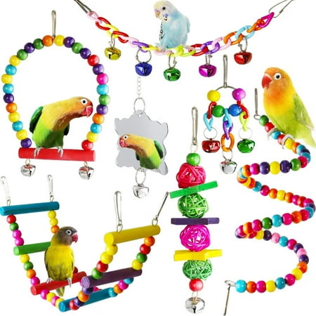Bird Toys for Parakeet Swing with Mirrors,Natural Wood Hanging Bell Pet Bird Cage Hammock Swing Climbing Ladders Wooden Perch Mirror Chewing Toy for Budgerigar,Conures,Love Birds