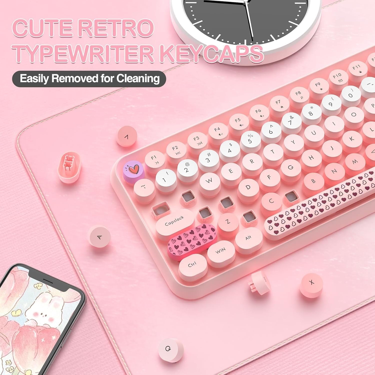 AJAZZ 308i Color Gradient Wireless Keyboard and Mouse Set, Retro Typewriter Keyboard with Cute Theme Round Keycaps for Mac/Windows/PC/Laptop-Pink set
