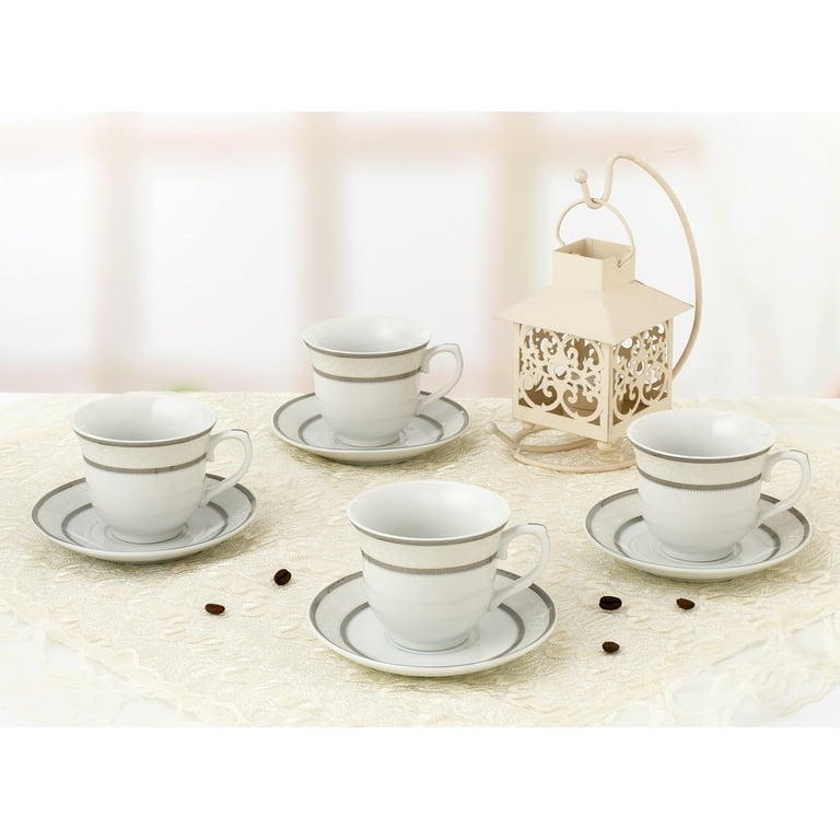 8 Pcs 12 oz White Porcelain Mug Saucer Set. Coffee Tea Cups 4 FREE Spoons