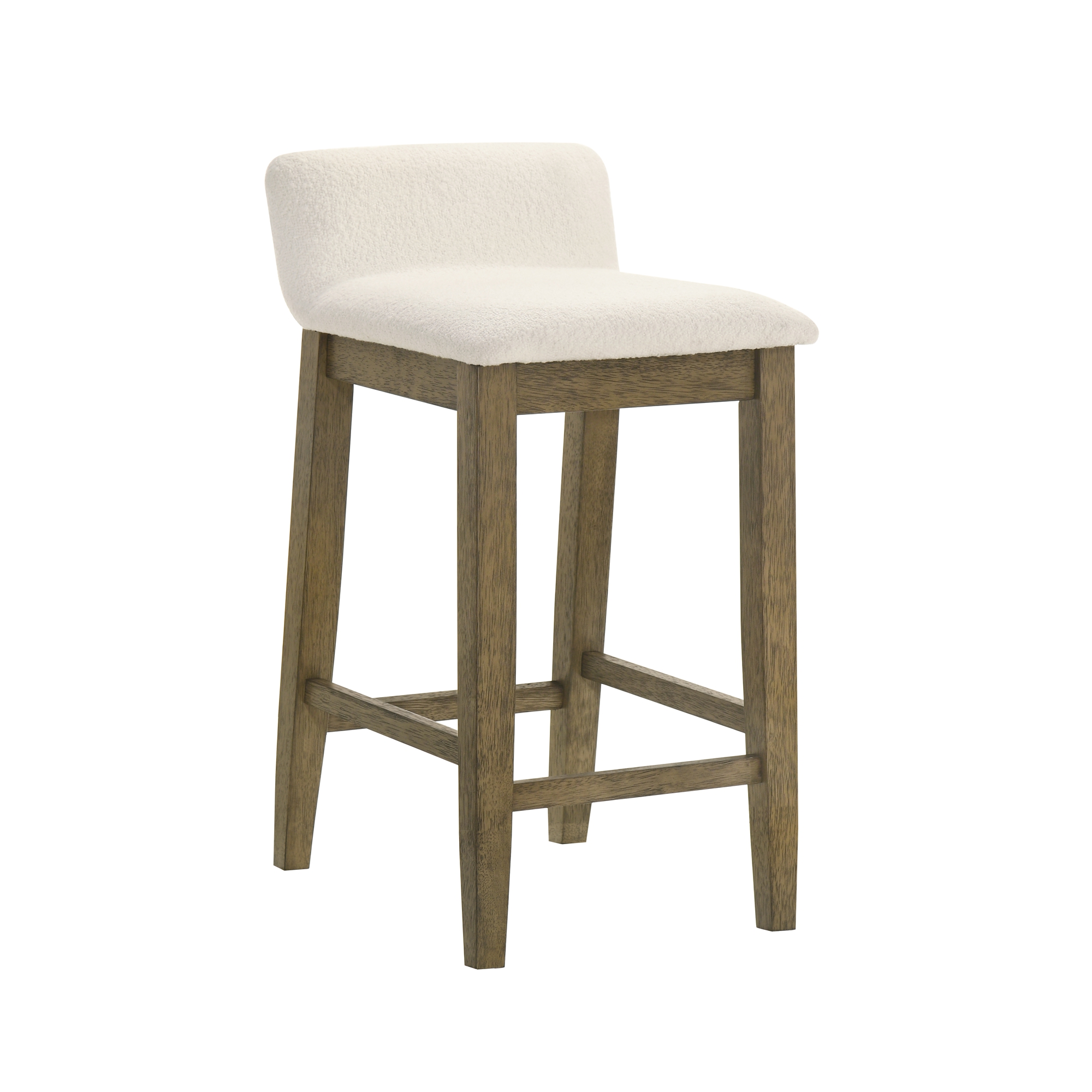Annikah Modern Transitional Wood Counter Height Kitchen Bar Stool in Putty Brown Finish with White Boucle Fabric Upholstered Seat - Set of 3