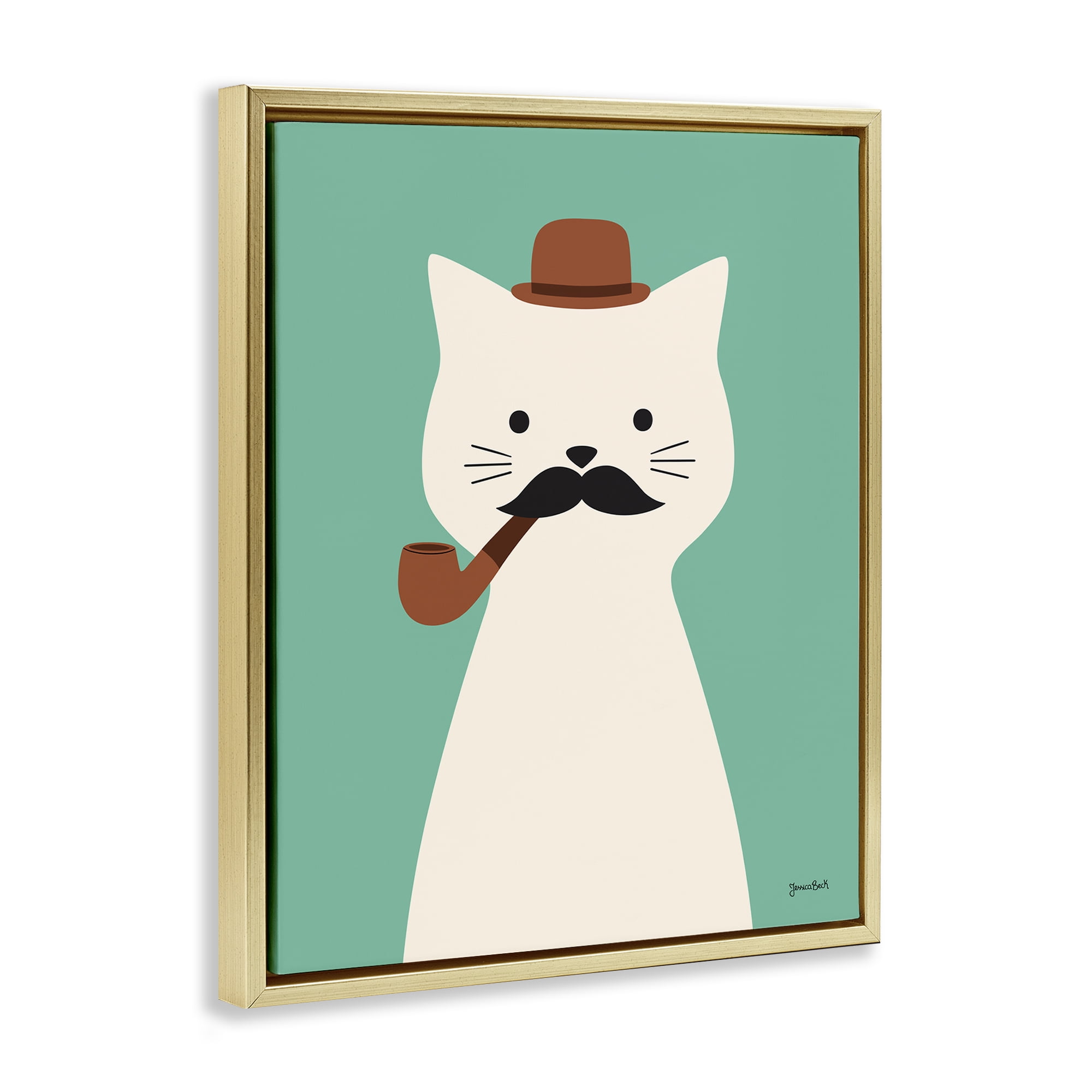 Stupell Industries Cat Smoking Pipe Animals Painting Gold Floater Framed Canvas Art Print Wall Art, 17 x 21