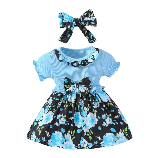 AQUARIVE Ensemble de Tenue pour Tout-Petits 2 Pcs pour Fille Bébé Manches Courtes Col Rond Robe à Rayures Imprimé Floral avec Hijab Vêtements Décontractés Ensemble de Costumes pour Enfants Bleu Ciel 12-18 m