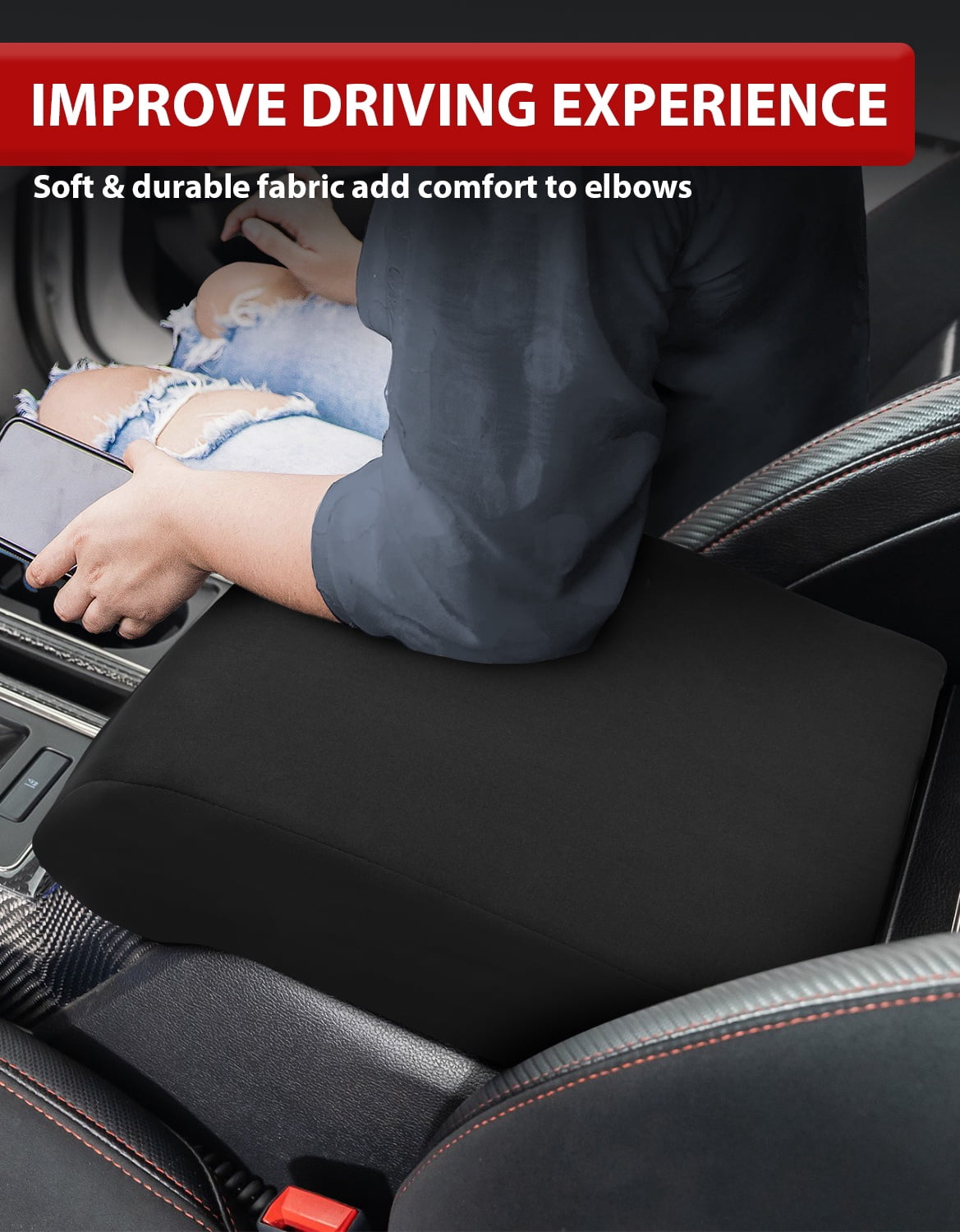 KBH Center Console Cover for Ford F150 2015-2020, 2017-2022 F250 F350 F450, 2018-2024 Expedition Interior Accessories, Middle Console Lid Armrest Cover Protector, Washable Fabric Black