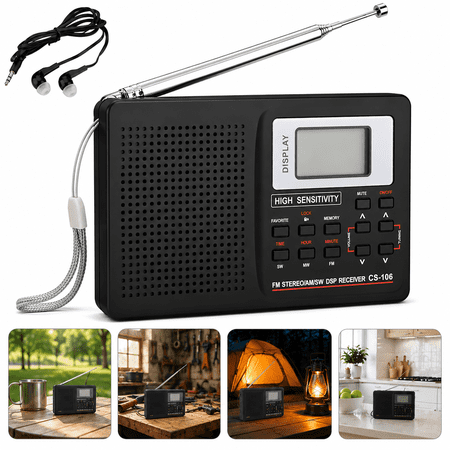 Portable Full Band Radio AM FM SW MW LW TV Receiver with Stereo Headphone Jack Alarm Clock Digital Tuning LCD Display USB or AA Battery Powered Shortwave Pocket Radio