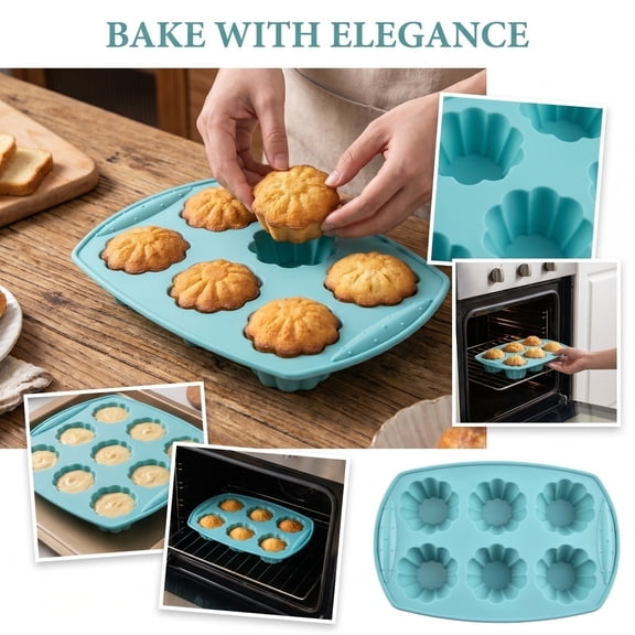 Silicone Baking Pan 12 Inch 6 Cavity Flower Shaped Silicone Molds for Baking, Non Stick Silicone Muffin Pan for Home Kitchen Baking Supplies, 12 X 8 Inch Green Silicone Bakeware