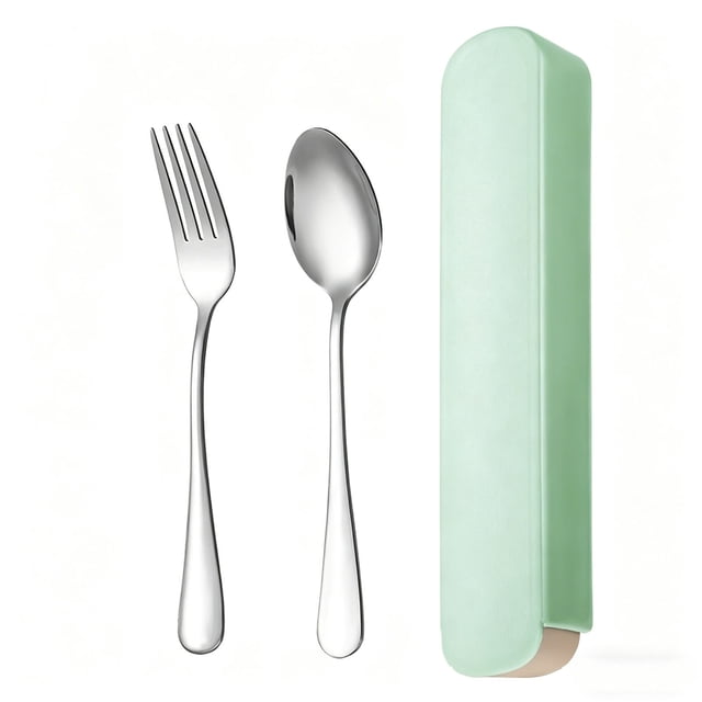 Portable Stainless Steel Fork and Spoon Cutlery Set with Compact Storage Box, Travel Camping Picnic Utensils, 2 Pieces Total