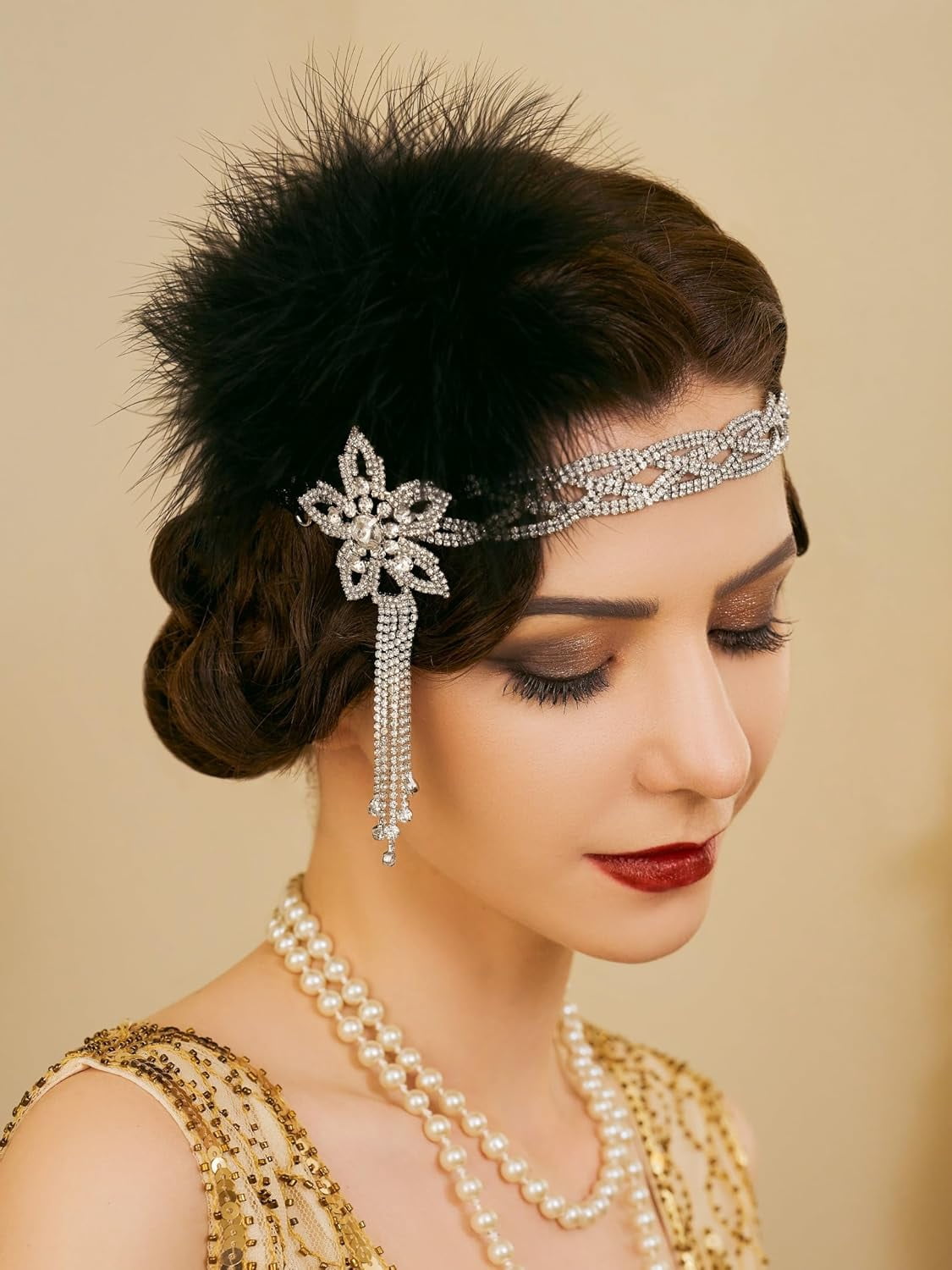 NWT 1920s Beaded Rhinestone Headband Flapper Gatsby White Rhinestone & Pearl Gatsby Headpiece – Flapper Boutique main image 3