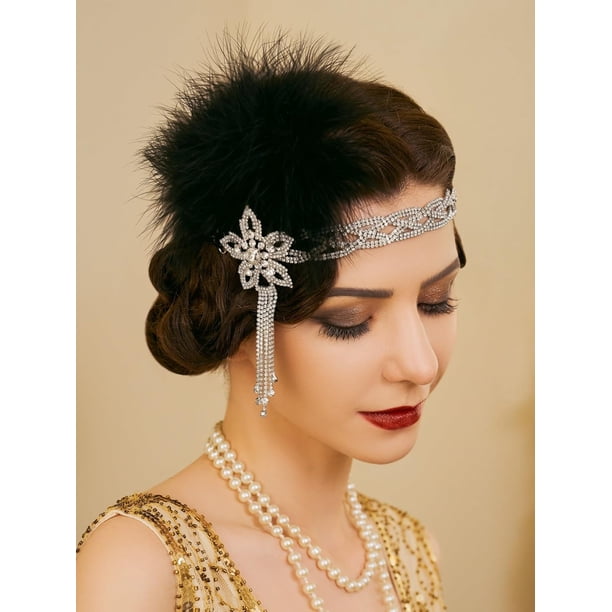 1920s Flapper Headband, Rhinestone Feather Hair Band Great  display picture 1