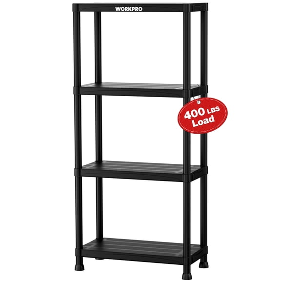 WORKPRO 4-Tier Plastic Storage Shelf, Black Utility Shelving Unit with Wall Brackets, Tool-Free Assembly for Garage, Laundry Room & Basement