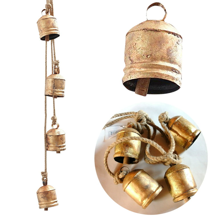 Harmony 4 Cow Bells Cluster on Rope Large Rustic Vintage Lucky Cow Bells On  Rope Wall Hanging Décor 