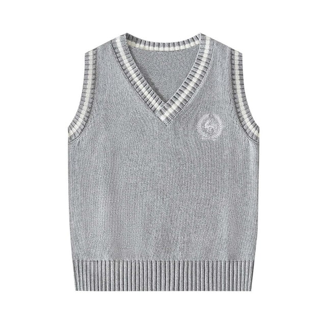 SROBPTY Chandails Garçons Filles, Chandail Tricoté Uni Col en V Gris 13-14 Ans