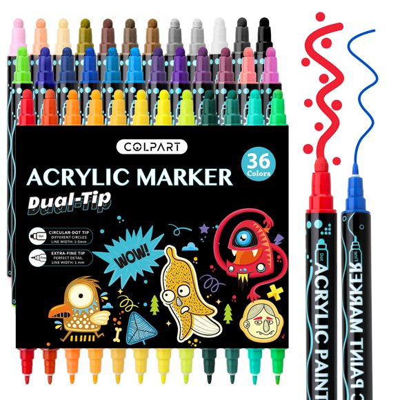 Dual Tip Acrylic Paint Pens Markers,36 Colors Premium Acrylic Paint Pens for Rock Painting Wood Canvas Plastic Metal And Stone, Acrylic Dot Markers Pen For DIY Crafts Making Art Supplies
