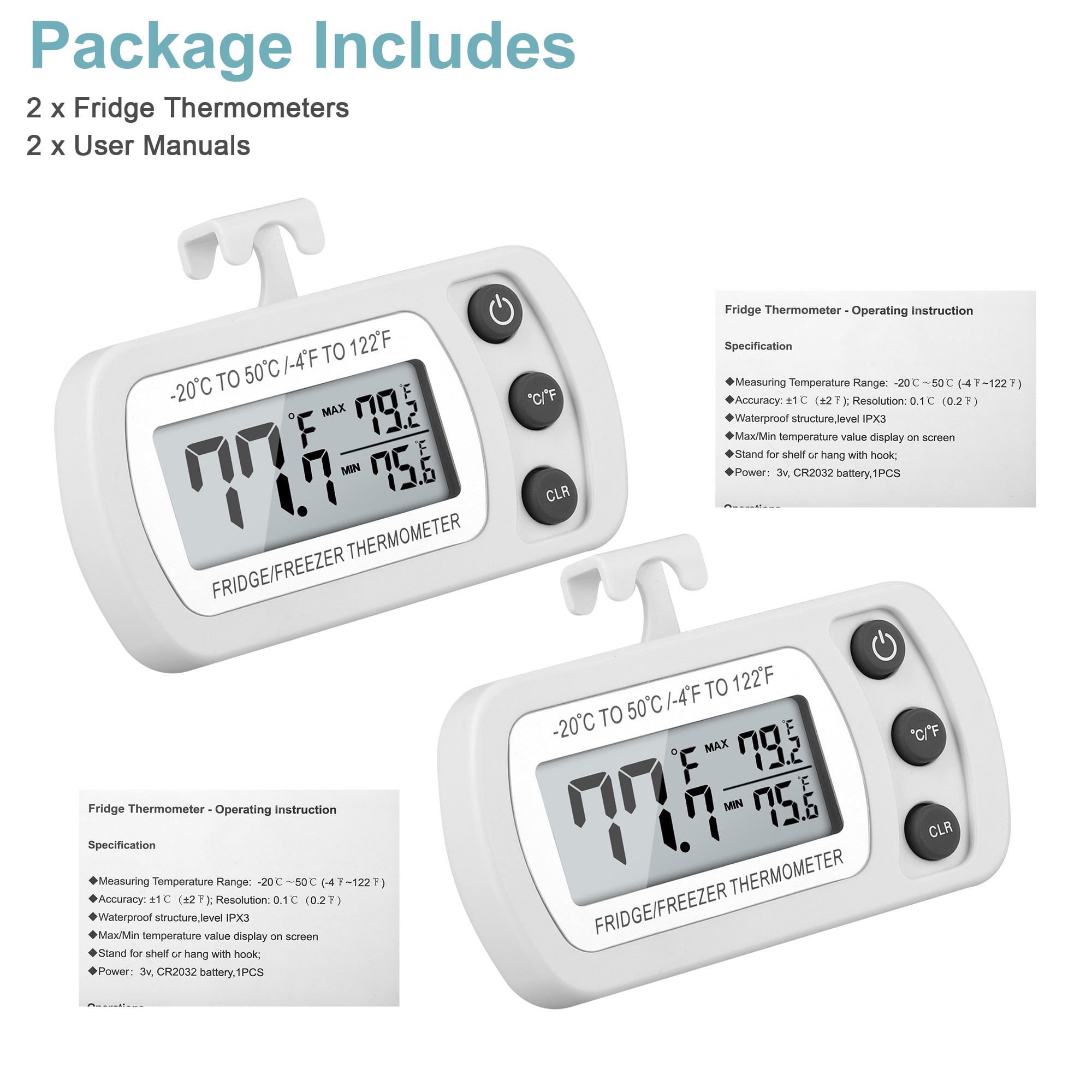 EEEkit Wireless Digital Freezer Thermometer, 2pcs Wireless Sensors with  Audible Alarm 