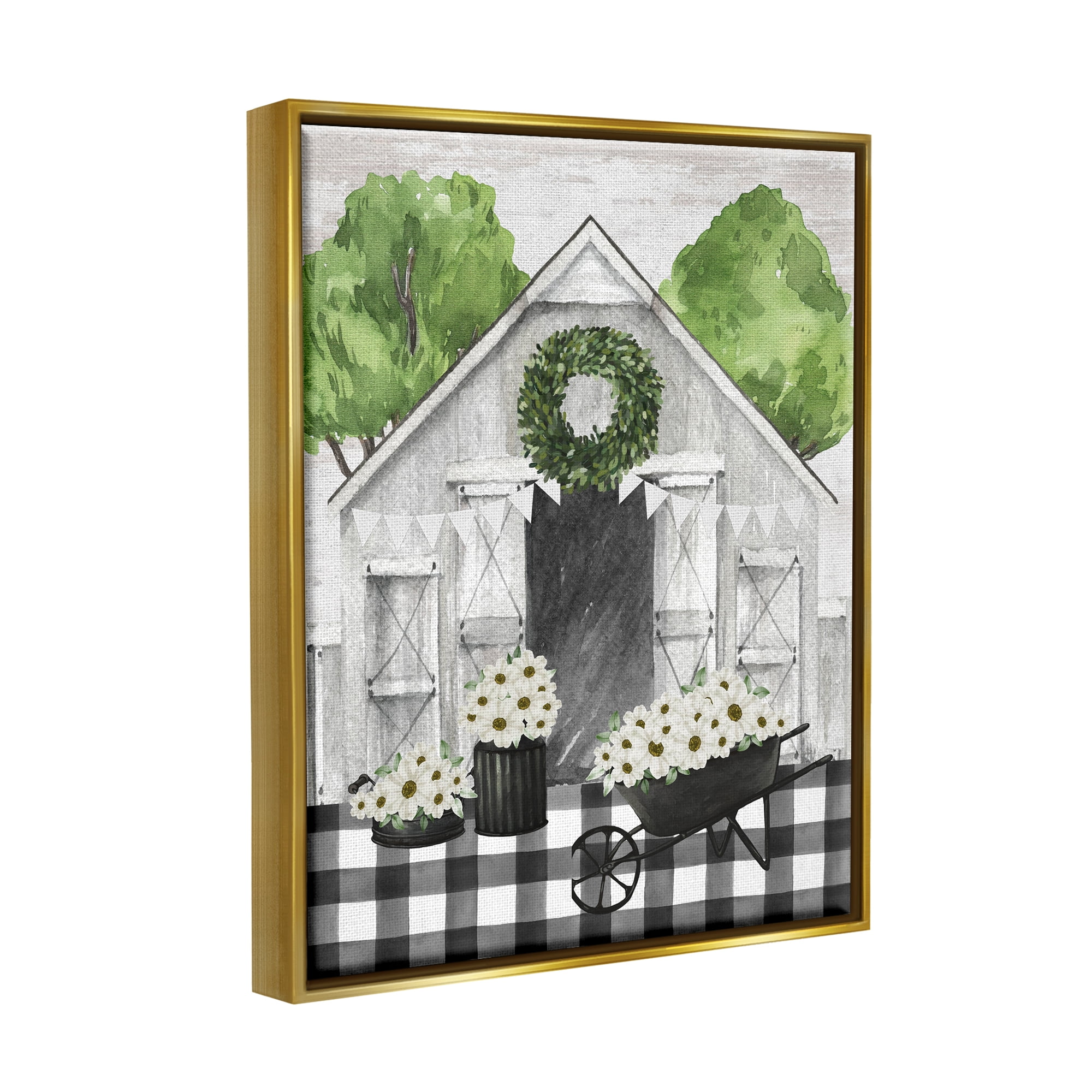 Stupell Industries Plaid Barn with Floral Wagon Botanical & Floral Painting Gold Floater Framed Canvas Art Print Wall Art, 25 x 31