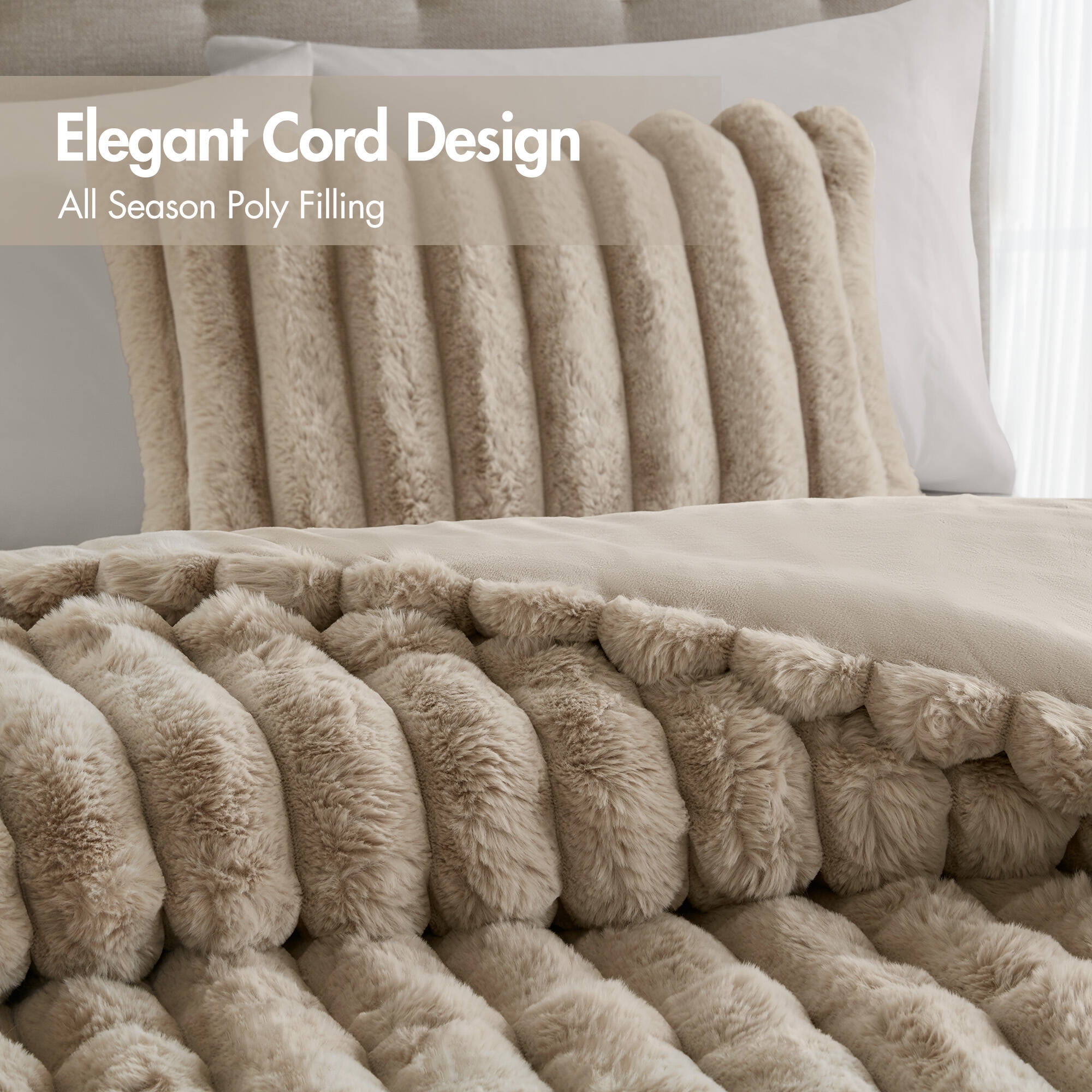 Regency Heights Full/Queen Size Comforter Sets, Taupe Fluffy Ribbed Plush Bedding Set, 3-Piece Faux Fur Ribbed Bedding Comforter Set