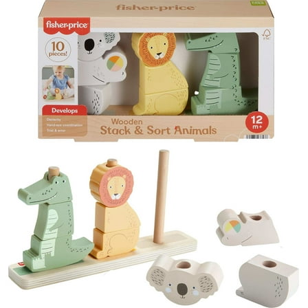 Fisher-Price Wooden Stack & Sort Animals Stacking Toy for Development Play, Baby & Toddler 1Y , 10 Pcs