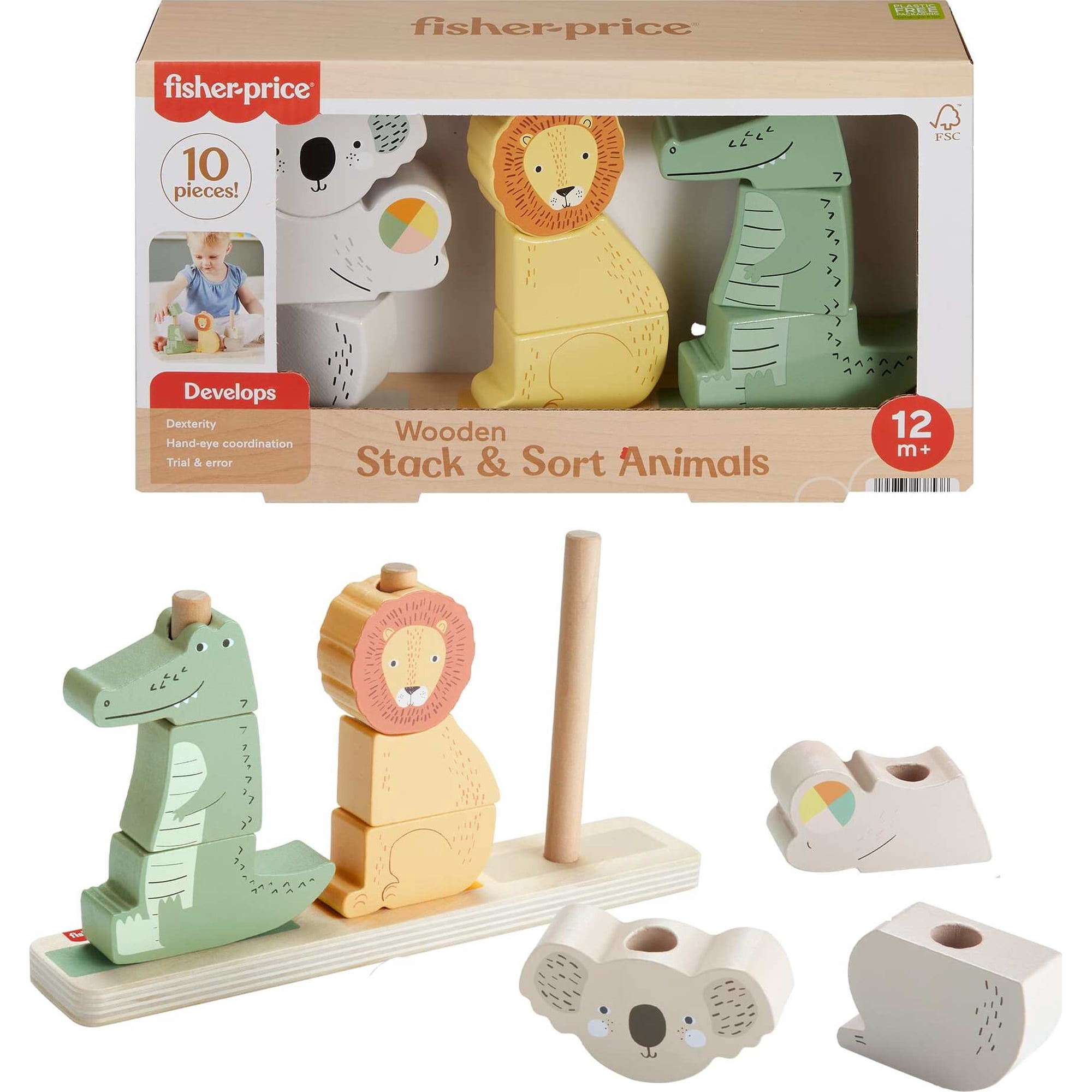 Fisher-Price Wooden Stack & Sort Animals Stacking Toy for Development Play, Baby & Toddler 1Y+, 10 Pcs