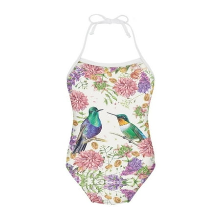 SEANATIVE Size 3-4 T Lace Up One Piece Swimsuit Quick Dry Girls Summer Swimwear Aesthetic Elastic Floral Hummingbird Kids Sleeveless Swim Shirt
